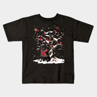 Black Pug Scarf Cardinal Snow Christmas Kids T-Shirt